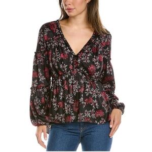 CINQ À SEPT Simmons Empire Top Balloon Sleeve Floral Blouson V Neck Ruffled Goth